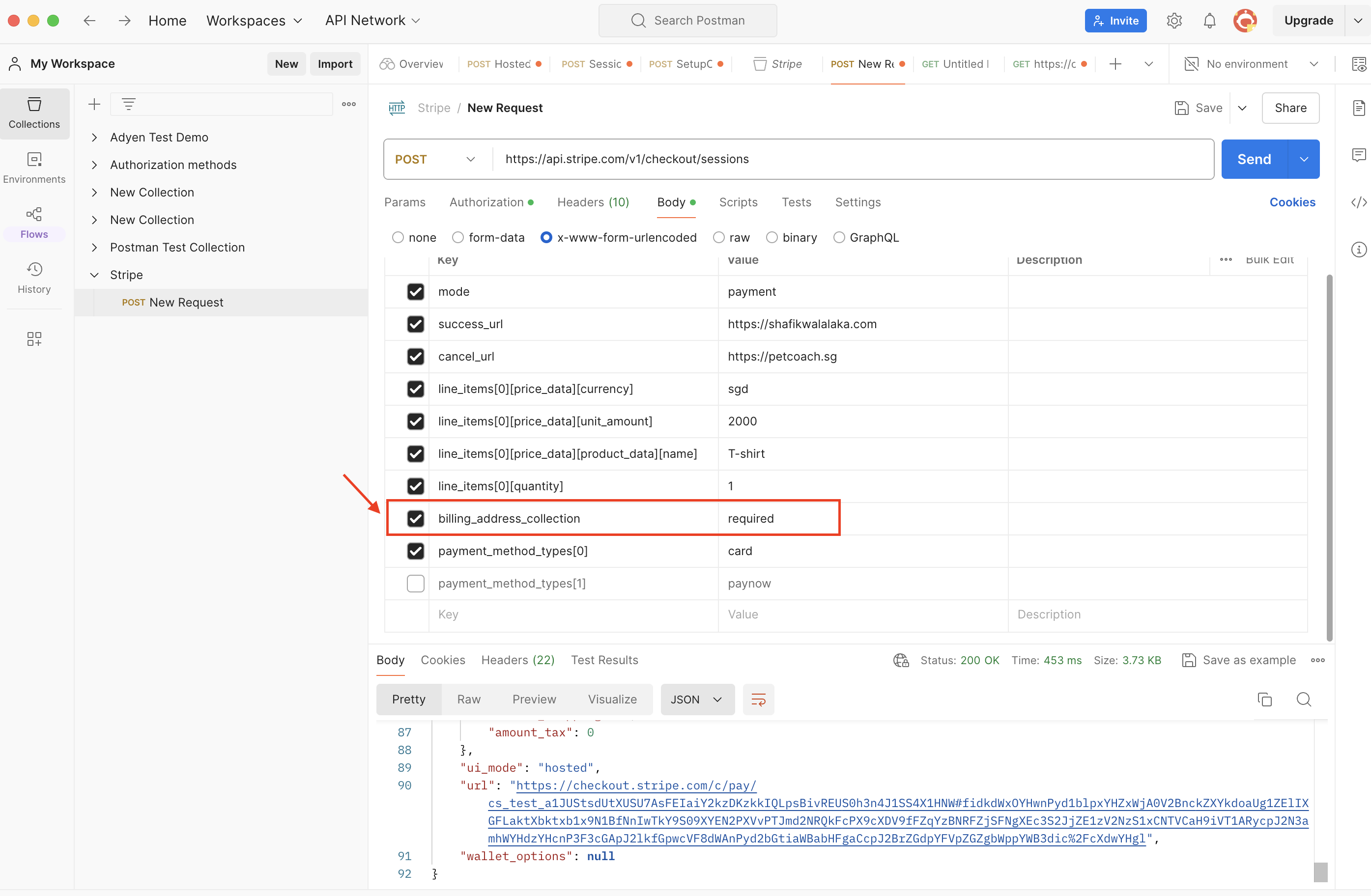 request to create stripe checkout session w billing address collection required